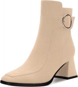 RLYGHWAO Женские черные ботильоны с квадратным носком на среднем каблуке с боковой молнией, модные ботинки с пряжкой для женщин