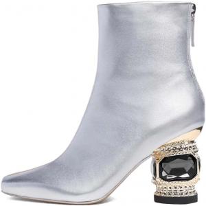 Женские ботильоны XYD с низким средним широким каблуком, кристаллическим украшением, закрытым квадратным носком, короткие с молнией сзади, для вечеринок, бальных танцев и нарядной одежды, Silver Brown Two-Tone