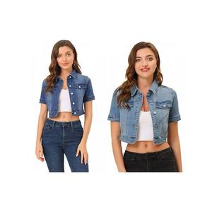 2 упаковки женской джинсовой куртки-кроп с короткими рукавами на пуговицах Inspire Chic, Light Blue Blue