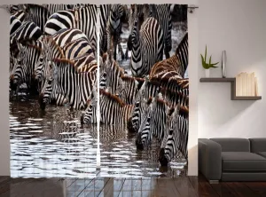 Шторы в африканском деревенском стиле ABAKUHAUS, изображение стада зебр и гну, универсальные ленточные шторы для гостиной с петлями и крючками, 280 x 245 см, цвет: черный, коричневый, белый Abakuhaus