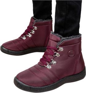 Женские теплые зимние ботинки ZBYY с меховой подкладкой, водонепроницаемые ботильоны для улицы, удобные противоскользящие шнурованные ботинки для женщин, 5.5 Wine