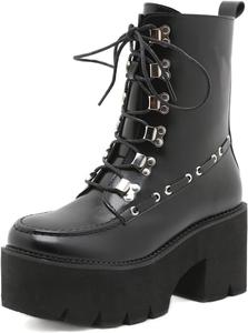 GooMaShoes Женские черные ботильоны на массивном каблуке в готическом стиле, готические эмо ботинки на высоком каблуке, панк-рейв обувь на платформе с шнуровкой