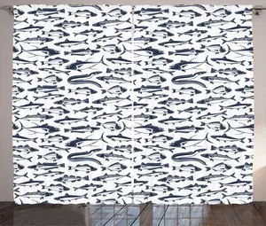 Штора для аквариума ABAKUHAUS в деревенском стиле, с различными видами рыб, универсальная, с петлями и крючками, для гостиной, 280 x 225 см, белая и темно-синая Abakuhaus