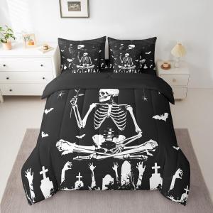 Erosebridal Комплект постельного белья Happy Halloween Full Sugar Skull с черепами, паутиной и розами в готическом стиле, Black