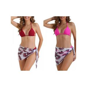 2 комплекта женского бикини-треугольника с лифом-холтером, 3 предмета: купальник с юбкой-парео в листьях и высоким разрезом Inspire Chic, Red Roes Red