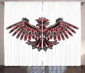 Шторы ABAKUHAUS в этническом деревенском стиле, Haida Art Eagle, универсальные ленточные шторы для гостиной с петлями и крючками, 280 x 175 см, ярко-красный и серый Abakuhaus