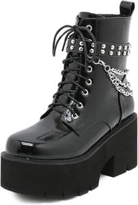 Женские боевые ботинки на массивном каблуке с платформой, короткие готические ботильоны на высоком каблуке с цепью и молнией, панк-ботинки ZPRGZPG, Black-62