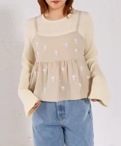 Комплект из бюстье с баской, украшенного бисером, и трикотажного пуловера в рубчик Archives, цвет Beige