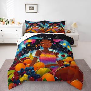 Erosebridal Комплект постельного белья African American Black Girl с фруктовым принтом, радужный дизайн, Orange Pink