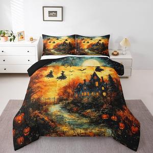 Erosebridal Комплект постельного белья Happy Halloween с готическим принтом лун, летучих мышей и тыкв в галактическом стиле, Black Gold