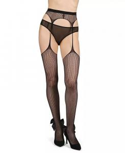 Женские колготки в сеточку с подвязками и задним швом в стиле панк-рок принцессы MeMoi, черный