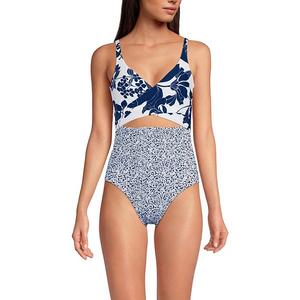 Женский монокини-саронг с длинным запахом и высоким вырезом Lands' End, White Nav Lilies Mix