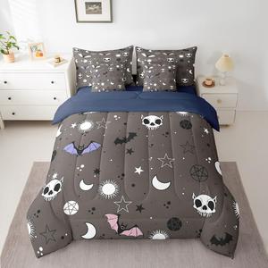 Erosebridal Комплект постельного белья Happy Halloween с принтом призраков, пауков, летучих мышей и черепов в темно-коричневых тонах, Terra Brown