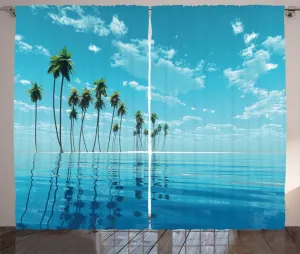 Шторы ABAKUHAUS Fiji Rustic, длинные, с изображением кокосовых пальм, спокойная вода, универсальные, для гостиной, с петлями и крючками, 280 x 225 см, цвет "морской синий" Abakuhaus