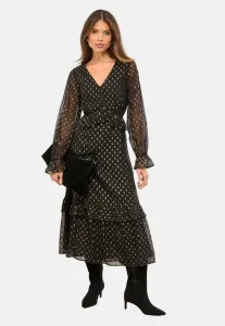 Платье-Миди дневное, облегающего кроя, с металлизированным принтом в горошек, v-образным вырезом и оборками. Lipsy, Black