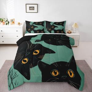 Erosebridal Комплект постельного белья Cartoon Cat с милым черным котом в стиле аниме, Green Black