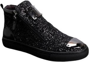 Мужские модные кожаные высокие кеды с боковой молнией, классический круглый носок, плоская удобная подошва, нескользящие, высокие повседневные обувь для работы, прогулок, вождения и вечеринок Jingsmnx, черный