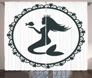 Штора ABAKUHAUS Русалка в деревенском стиле, винтажная принцесса-рыба, присборенная штора для спальни с петлями и крючками, 280 x 245 см, цвет: белый, черный Abakuhaus