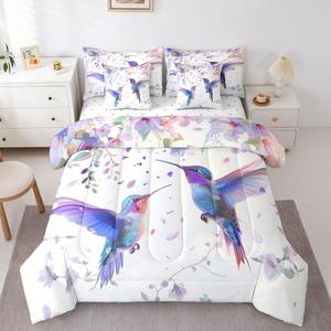 Erosebridal Комплект постельного белья Hummingbird King Bed in A Bag с тропическим цветочным принтом и птицами в фиолетовых тонах для девочек и взрослых, Purple Blue White
