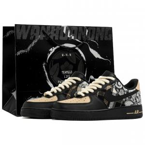 Nike Женские низкие скейтбордистские кроссовки Air Force 1 Wan Hua Nong, Black Gold Cashews, Shopping Bag, устойчивые к истиранию