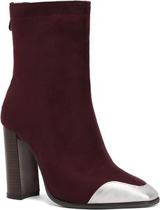 Женские ботинки на шнуровке Alyaafifa с высокими каблуками, закругленным носком и молнией, 4-дюймовый массивный каблук, замшевая кожа, элегантные короткие ботильоны для вечеринок и мероприятий, Wine Red - Silver Toe Cap