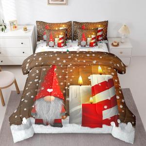 Erosebridal Комплект постельного белья Xmas с рождественским принтом Санта Клаус и гномы, Red Brown Yellow White