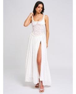 Женское длинное платье Ulissa белого цвета с квадратным вырезом, жаккардовой текстурой и высоким разрезом Miss Circle, White