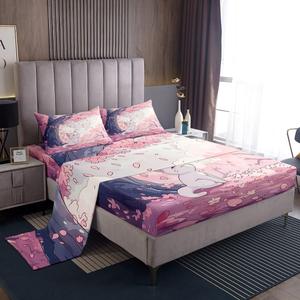 Erosebridal Комплект постельного белья Cartoon Little Cat с милыми аниме котиками в стиле каваи, розовый с цветами сакуры, Pink White