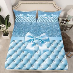 Erosebridal Комплект постельного белья Kids Bowknot с блестящими бантами и алмазным принтом в голубых тонах для детской комнаты, Silver Blue