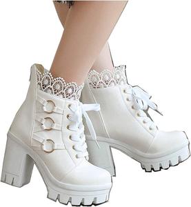Женские модные ботильоны ZBYY с высокой толстой подошвой, шнуровкой, широким каблуком и платформой, White