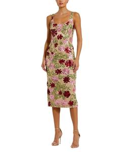 Цветочное бисерное платье-миди с сетчатыми вставками и круглым вырезом Mac Duggal, коричневый/бежевый