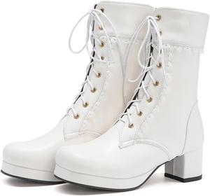 Ботинки Alyaafifa для женщин на щиколотке для боевых стилей, массивный каблук средней высоты, закрытый носок, шнуровка, кожаные короткие ботильоны, элегантные, удобные, для вечеринок, отдыха, путешествий, Рождества, White