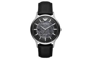 EMPORIO ARMANI Часы Machine Wrist Watch Mechanical Movement Leather Strap Black Dial Men's Watch, Black Dial