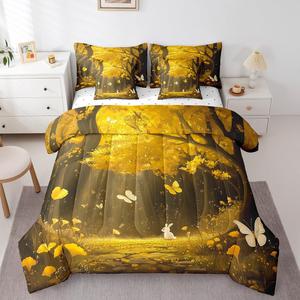 Erosebridal Комплект постельного белья Gloden Leaves с экзотическими джунглями и кроликами в тропическом стиле, Golden