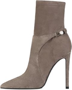 Женские ботильоны YDN с закрытым заостренным носком, эластичной замшей, средние по голени, на шпильке с жемчужной пряжкой, для формального наряда, размеры US 4-15, Grey