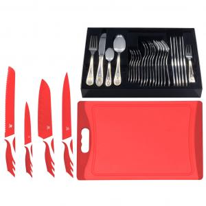 Набор столовых приборов BAS GOLD с золотым декором, включая футляр, 4 кухонных ножа, 1 разделочную доску King, красный