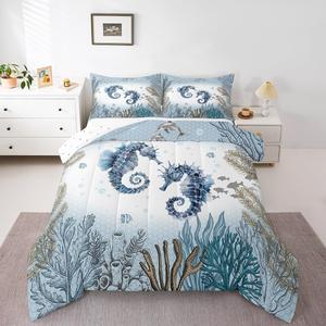 Erosebridal Комплект постельного белья Ocean Seahorse Full в морском стиле с подводными обитателями для детей, Dusty Blue Green