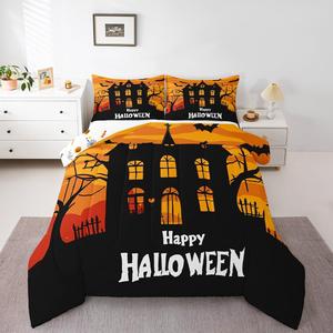 Erosebridal Комплект постельного белья Happy Halloween с готическим замком и летучими мышами, реверсивный дизайн с пауками, Black Yellow