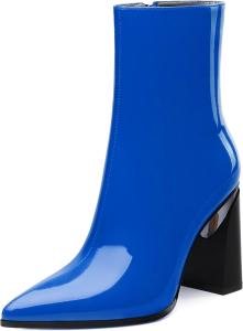 Женские ботильоны, 3,5 дюйма с заостренным носком, лакированные ботильоны на высоком каблуке, короткие ботинки с массивным каблуком и боковой молнией Heisnemca, Royal Blue Patent