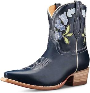 Женские ковбойские ботинки с острым носком в ретро стиле с вышивкой, на низком каблуке-блоке, на молнии, удобные, для вечеринок и повседневной носки, размеры 4-16 US Wansseny, Midnight Blue