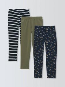 Детские легинсы из джерси с однотонным, полосатым и цветочным принтом John Lewis, Pack of 3, Green, Blue