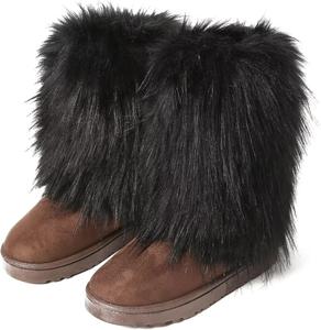 Женские зимние ботинки с искусственным мехом, плюшевые, средней высоты, утепленные, замшевые ботильоны с меховой подкладкой, модные ботинки, замшевые на плоской подошве, для улицы и дома BININBOX, Black