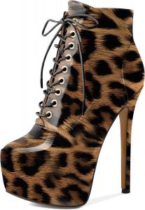 Женские ботильоны AUMOTED на платформе с круглым носком, боевые ботинки, ботильоны на шпильке, стильные модные короткие ботинки с шнуровкой, молнией и утепленные, каблук 16 см, Patent Leopard