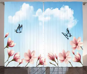 Штора ABAKUHAUS "Весенняя деревенская", с изображением жуков веток магнолии, присборенная тесьма для спальни с петлями и крючками, 280 x 225 см, нежно-розовый, голубой и белый Abakuhaus