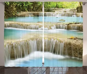 Шторы ABAKUHAUS "Деревенский пейзаж", "Каменная лестница в лесу", универсальные ленточные шторы для гостиной с петлями и крючками, 280 x 175 см, сине-зеленые Abakuhaus