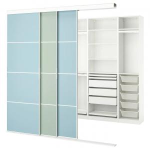Гардеробная с раздвижными дверями SKYTTA/PAX IKEA, 251x115x240 см, цвет white double sided/mehamn light blue/light green
