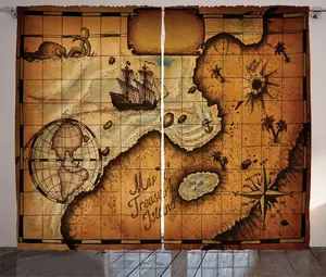 Штора ABAKUHAUS "Карта мира в деревенском стиле", "Остров сокровищ пиратов", универсальная тесьма для гостиной, с петлями и крючками, 280 x 225 см, цвет: бледно-карамельный и песочно-коричневый Abakuhaus
