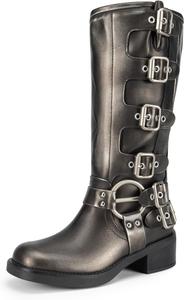 Женские высокие сапоги DREAM PAIRS до колена с боковой молнией, мотоциклетные сапоги с квадратным носком, массивным каблуком, модными пряжками и стилем байкера, Silver