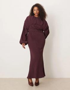 Платье макси ASOS DESIGN Curve с круглым вырезом, объемными рукавами и кружевной отделкой на груди цвета шелковицы