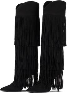 Женские ботильоны на высоком каблуке выше колена с бахромой, из замши, с заостренным носком и шпилькой, длинные ботинки, модная обувь на осень BeeLg, Black
